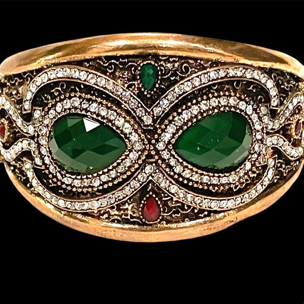 Glamorous Ruby and Emerald Turkish Brass Bangle Bracelet